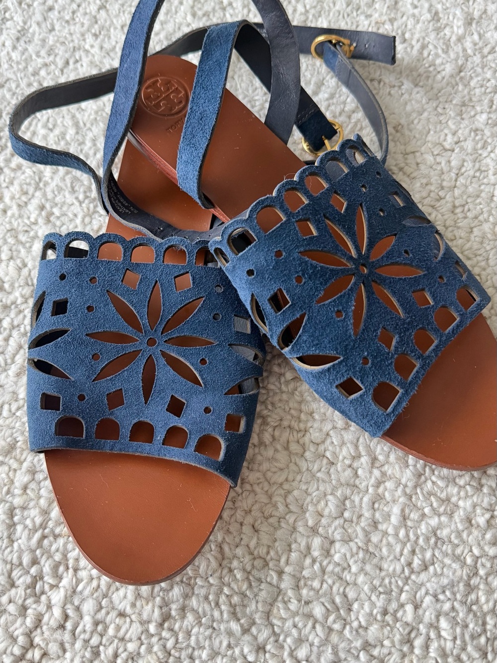 Tory Burch Navy Suede Laser-Cut Ankle Wrap Sandals